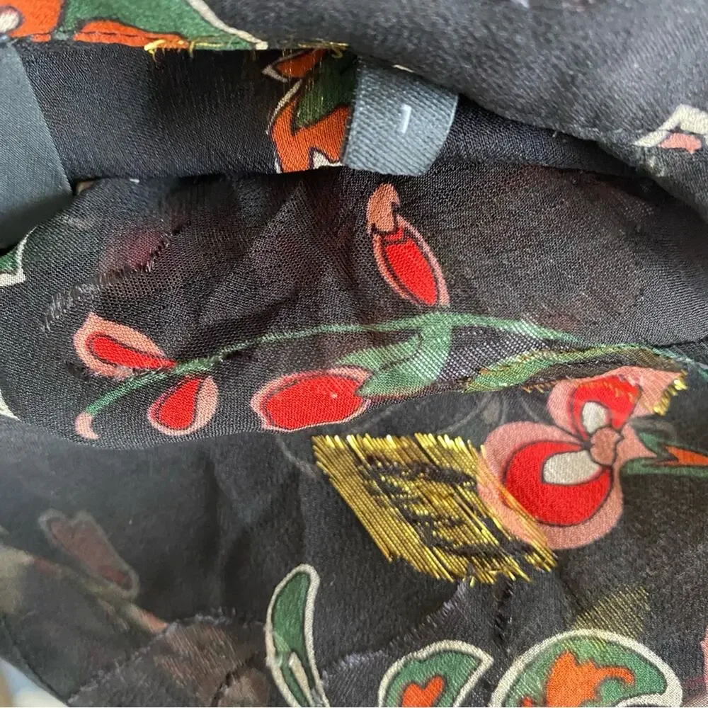 The Kooples Silk Bollywood Black Gold Metallic Floral Print Sheer Blouse small